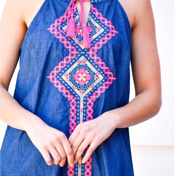 Savanah Jane Boho Blue Chambray Embroidered Sleeveless Shift Dress Sz S - Picture 3 of 14